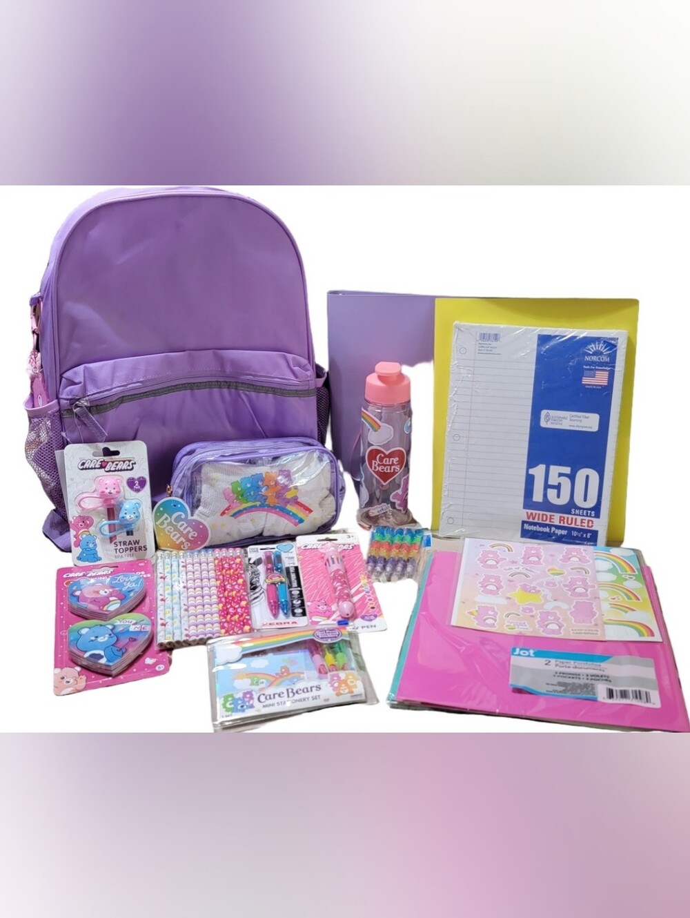 819-Care Bears Pink and Purple School Supplies Backpack Set